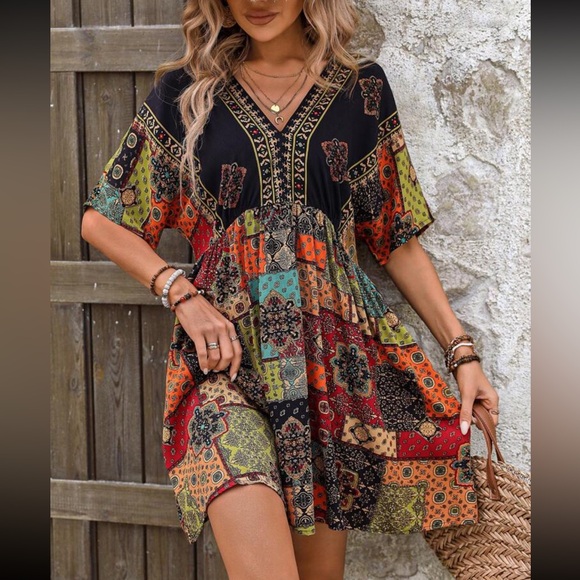 Accessories - Boho patchwork print tie back dress
